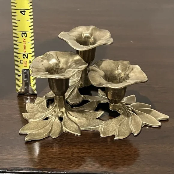 PAIR Brass Flower Candelabra Hollywood Regency Floral Candle Holders Mid Century
